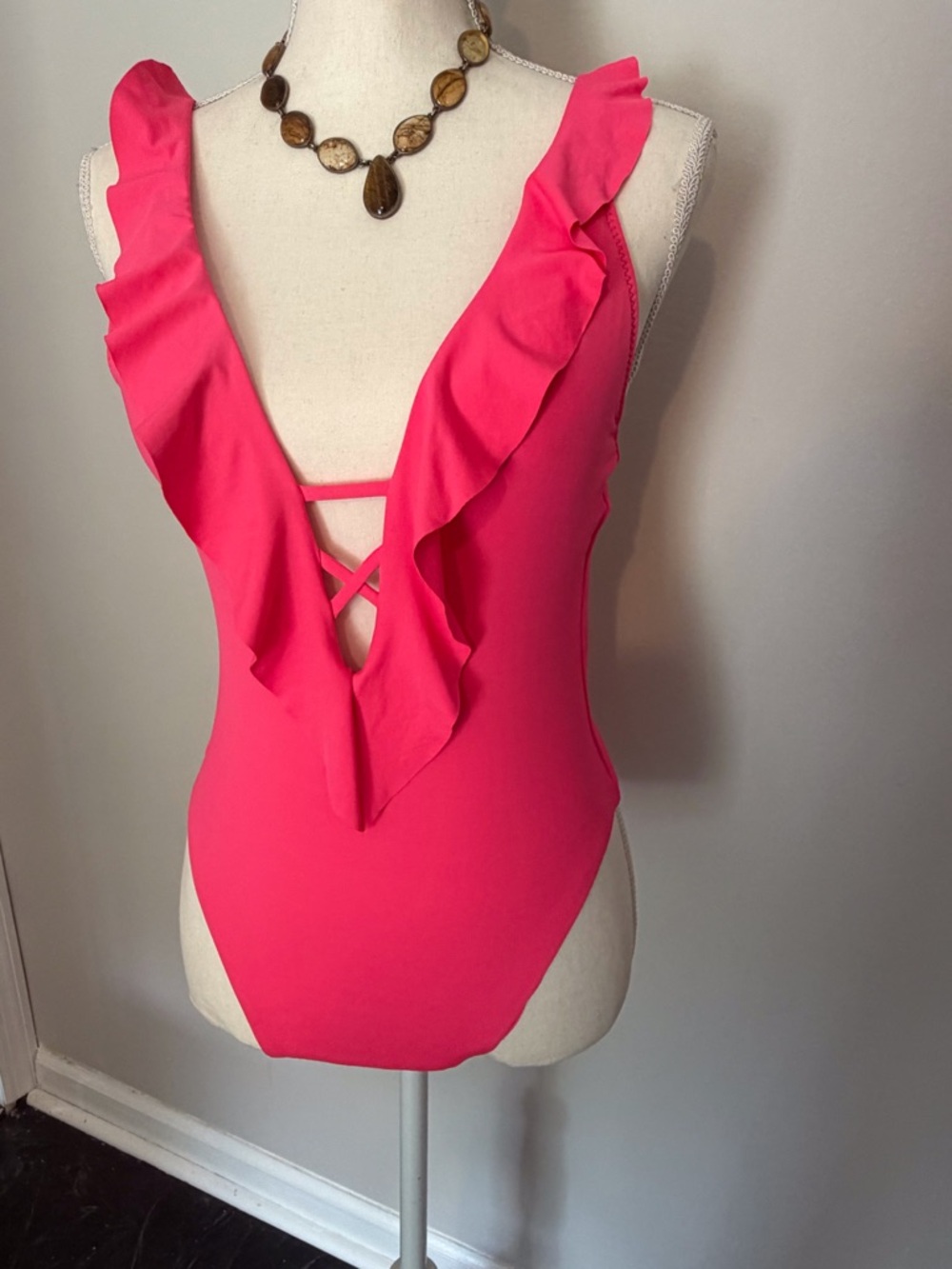 BECCA Bright Pink Ruffled One-Piece Swimsuit